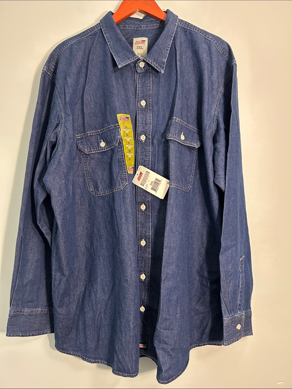 Dickies 3XL Shirt Long Sleeve Denim in Stonewashed Indigo Blue 100% Cotton NWT